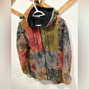 Hippie Boho Vintage Retro Cotton Symbols Fleece Lined Jacket Festival Nepalese